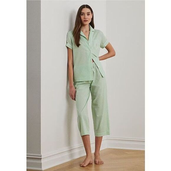 Lauren Ralph LaurenWomen's Notched-Collar Cropped Pajama Set Sz M Green Check - Picture 1 of 7
